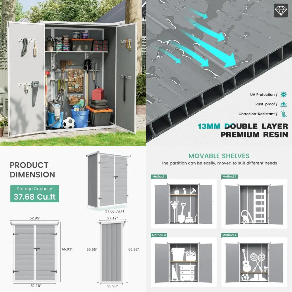 

Resin Outdoor Storage Shed, 38 Cubic Feet Capacity with Floor, Vertical Plastic Tool Shed for Backyard and Lawn Storage