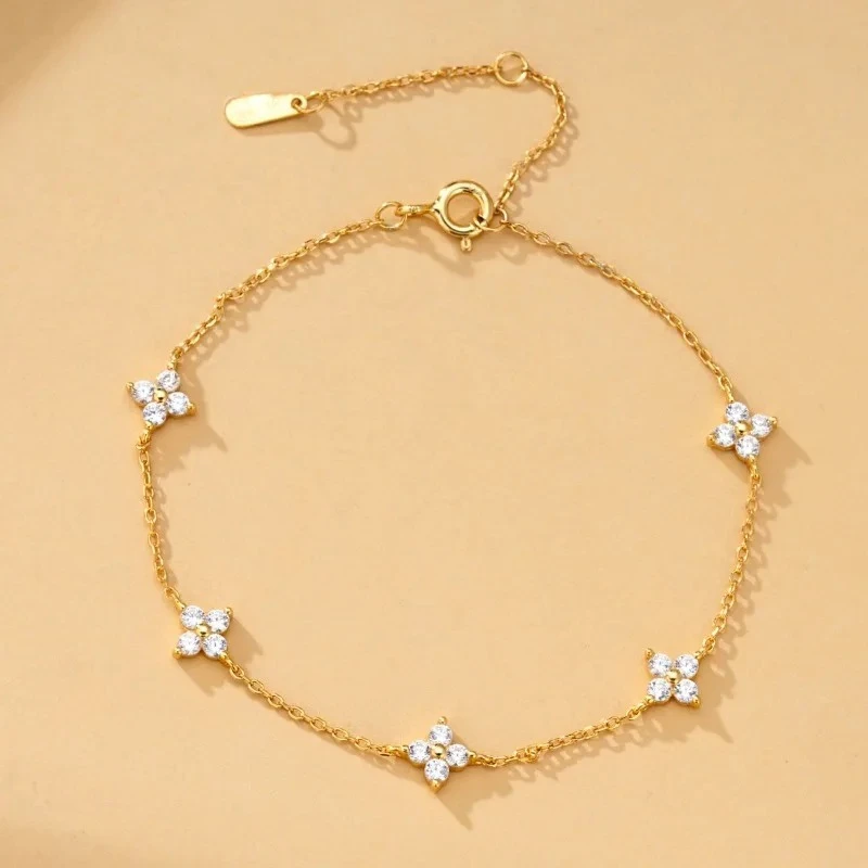 

925 Silver Plated Cubic Zirconia Four Leaf Clover Bracelet for Women Adjustable Chain Jewelry 18k Gold Plated Fashion Accessory
