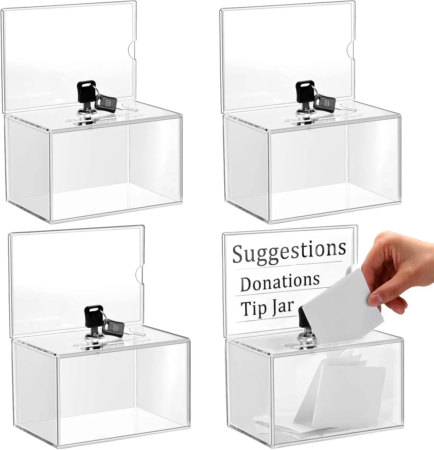 

4-Pack Clear Acrylic Donation Box with Lock & Sign Holder for Fundraising, Voting, Raffle, Suggestion Collection, 6.1x4.3x3.8 Inch