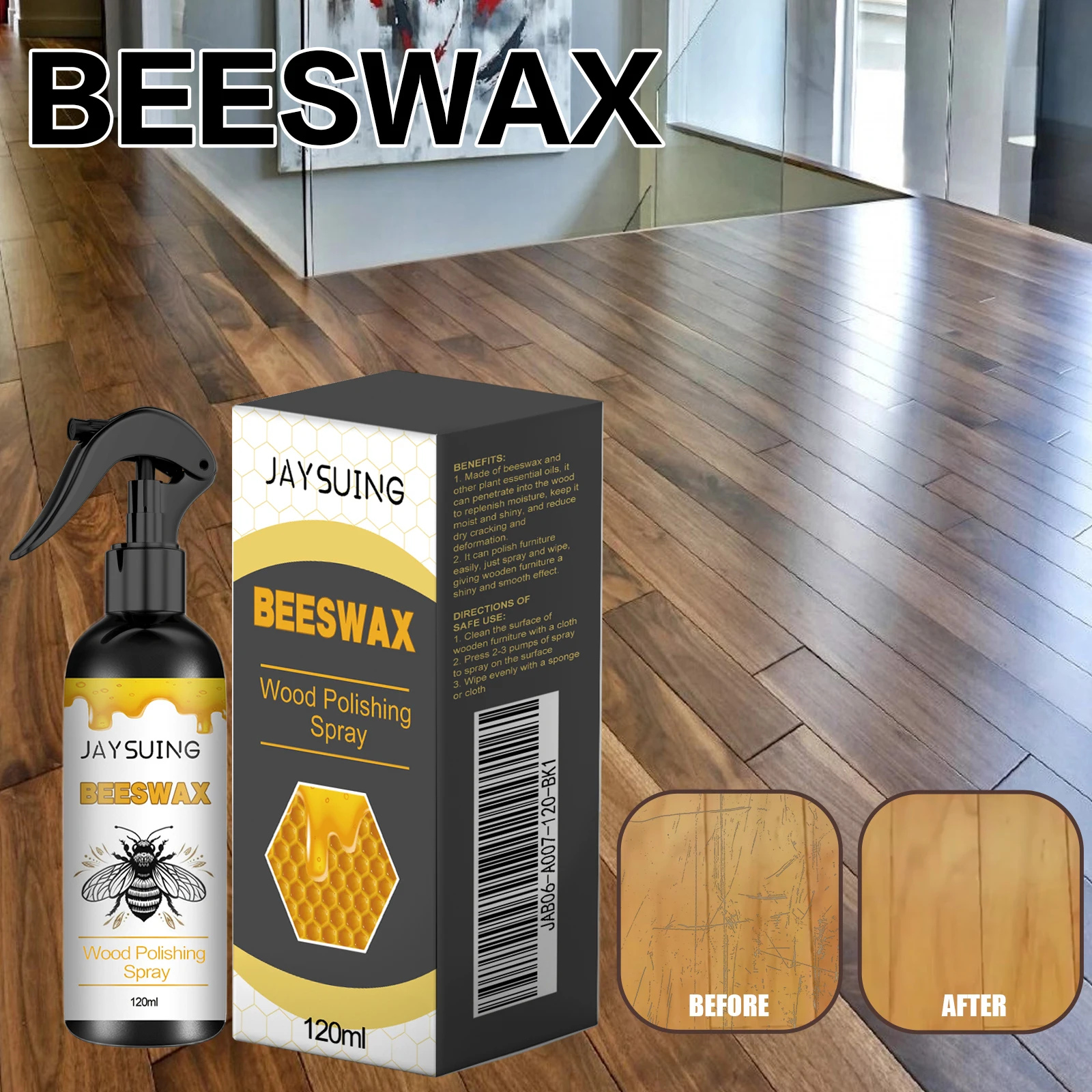 Beeswax Wood Polish Spray - Furniture Floor Polishing Scratch Refurbishing Care Spray, Natural Beeswax Furniture Polish Cleaner for Hardwood Floor, Cabinets, Tables, Anti-Drying Deep Moisture Restorer, Wood Scratch Hiding Water-Resistant Conditioner Wax