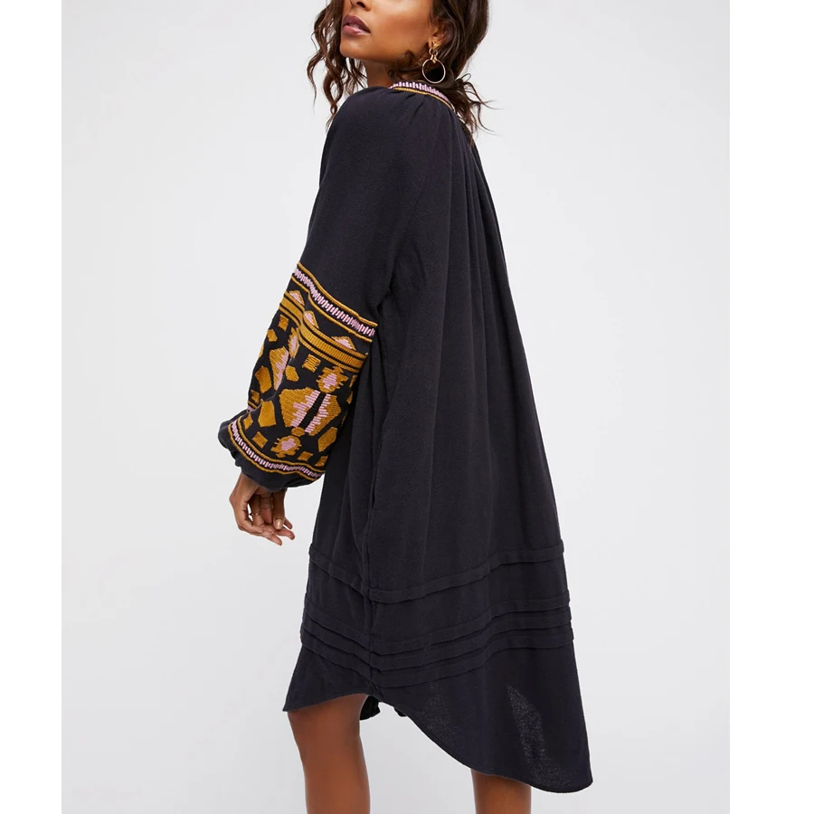 TEELYNN Boho Beach dress 2025 autumn cotton floral embroidery large lantern long sleeve o-neck loose Hippie women dresses Autumn
