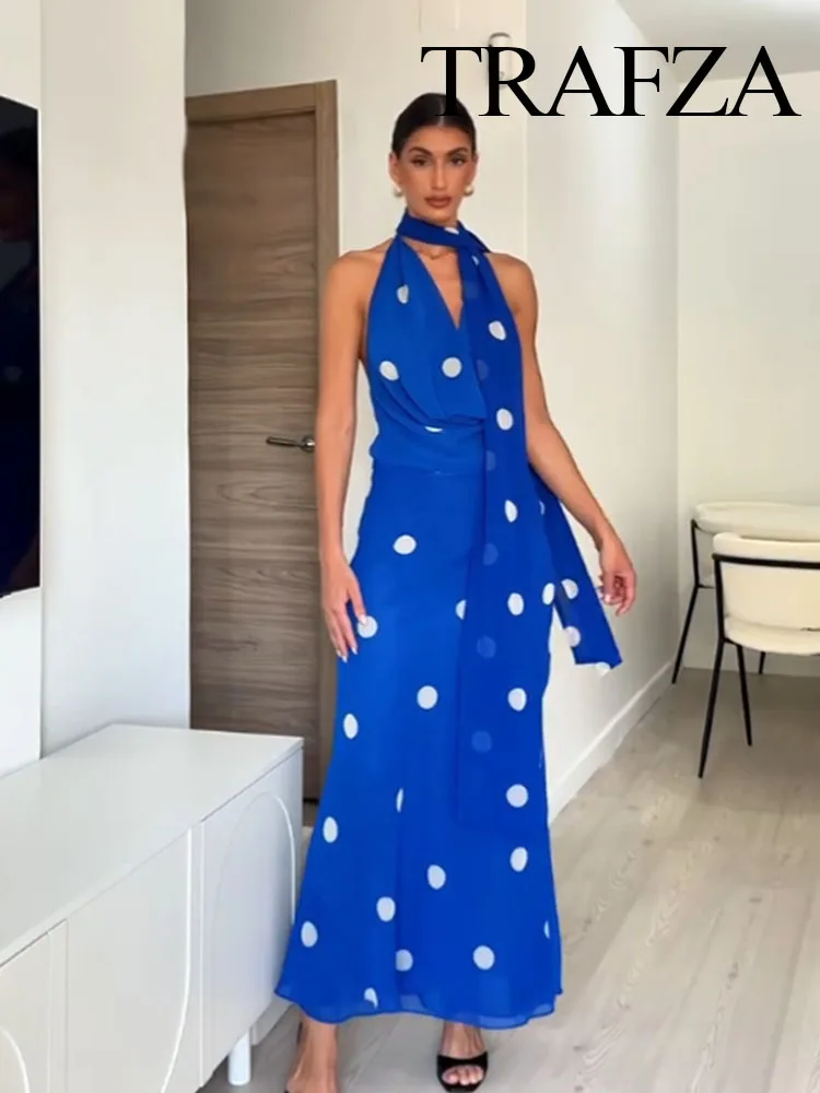 

HH 2025 Women's Summer Beach Style Blue Dots Swinging Collar Backless Zipper Long Dress Female Fashion Sexy Sleeveless Dress