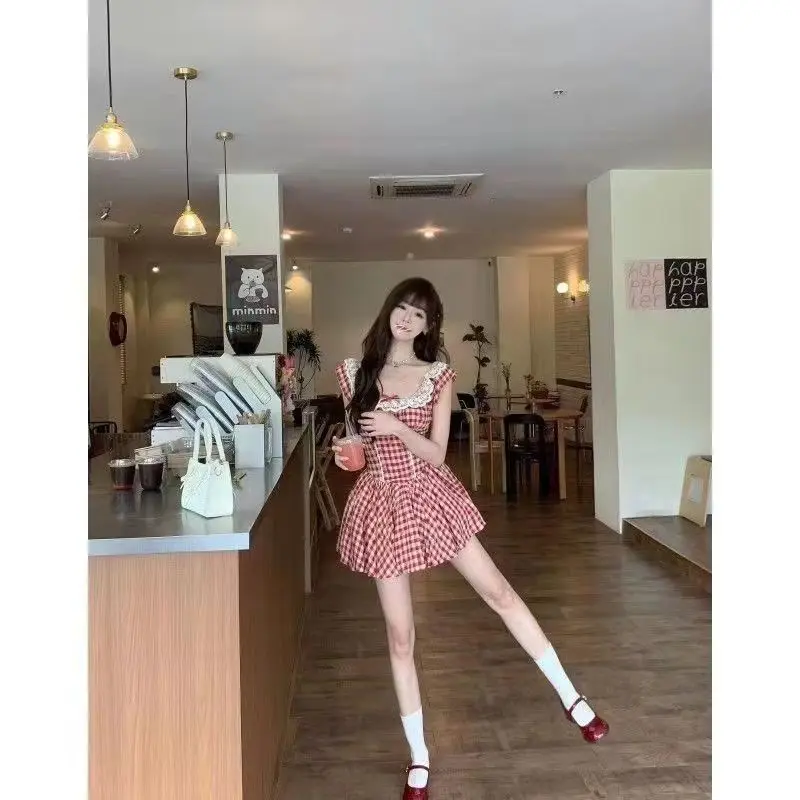 New High Quality Plaid Lace One Piece Dress Korean Fashion Summer Mini Dress Square Collar Sundress Sweet Elegant