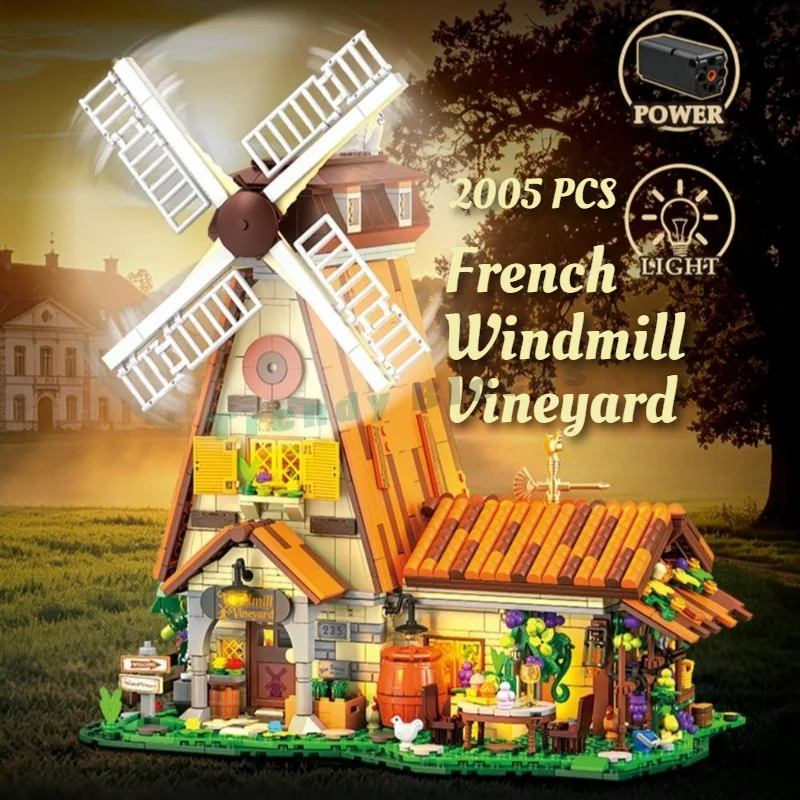 2005PCS French Rotatable Windmill Vineyard LED Light Building Blocks,Creative Street View Architecture Farm Manor Decor Toy Gift