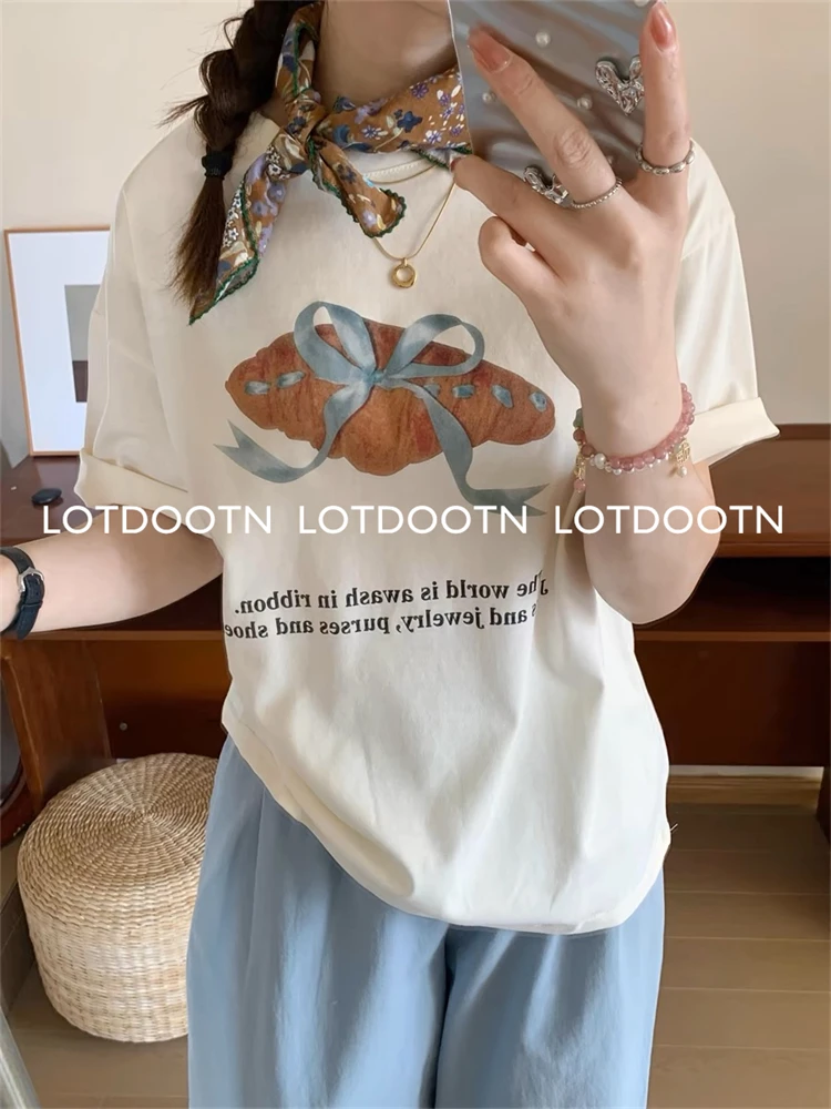 LOTDOOTN Y2k Graphic Tshirt Pure Cotton Tops Croissant Print Korean Female Kawaii Cartoon Harajuku T-shirt Unisex Clothing Women