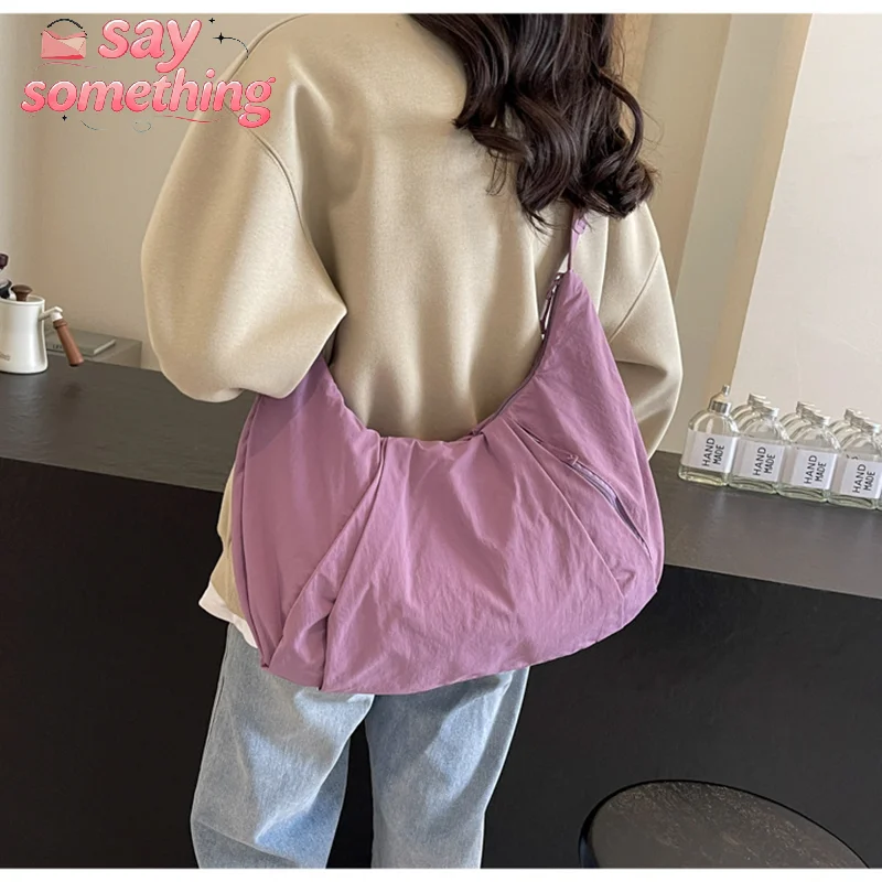 

2026 New Style Dumpling Bag Solid Color Fold Nylon Shoulder Bag Large Capacity Lightweight Dumpling Shape Fitness Bag