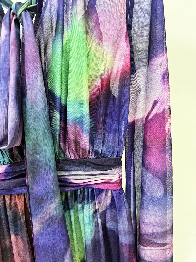 ハイストリート最新ファッション 2025 デザイナー Party Vestido 女性のドリフトスリーブカラフルなプリントホリデーロングドレス