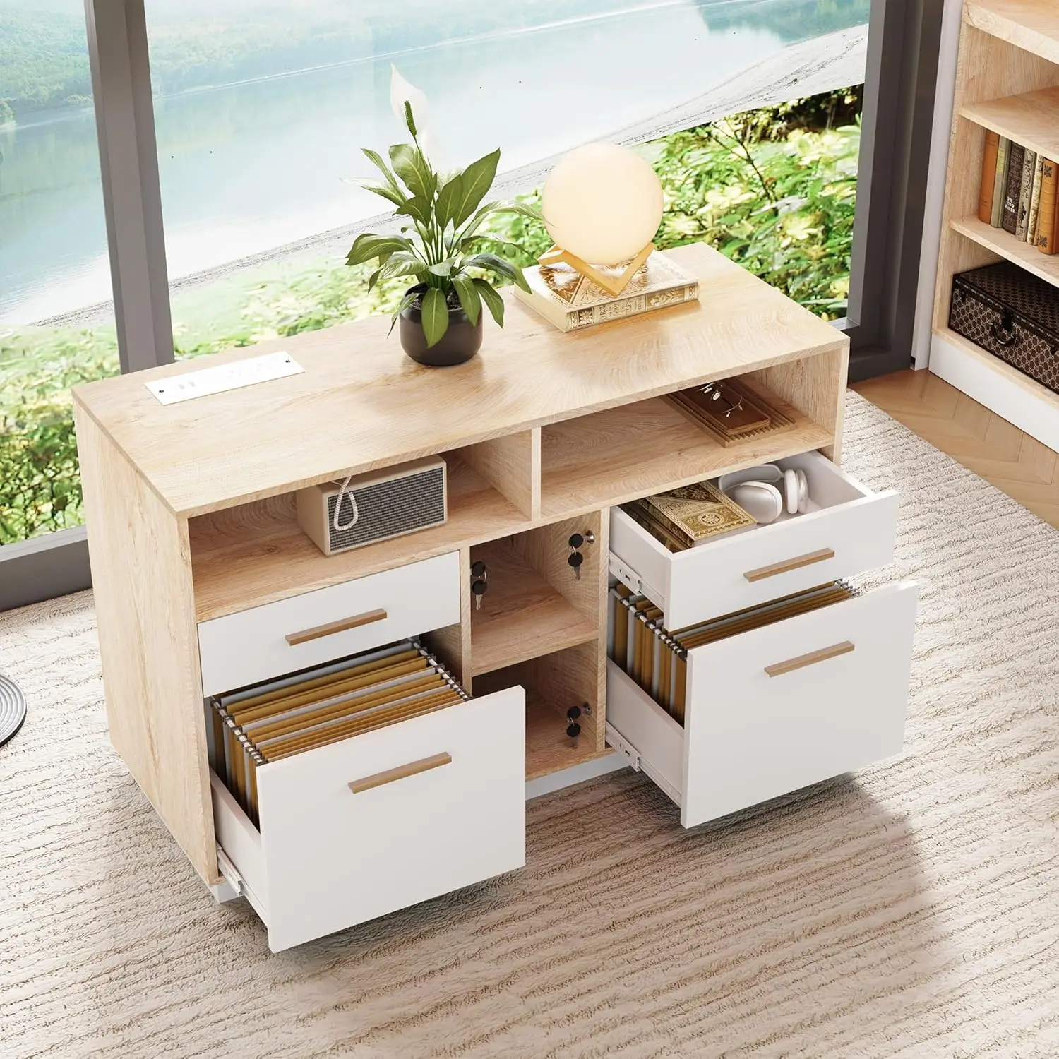 Aktenschrank mit 4 Schubladen, Holz-Aktenschrank für das Home Office mit Schloss, Steckdosenleiste, Ablagefächern, Home Office