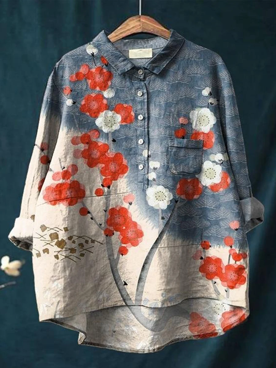 Japanese Vintage Flower Pattern 3D Printed Fashion Women's Lapel Long Sleeve Pocket Shirt Spring Casual open tube shirt KT-16