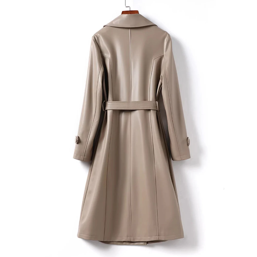 New Women Spring Autumn Split Leather Trench Coat Fashion Turn-down Collar Double Breasted Slim Coat Simplicity Casual Long Coat