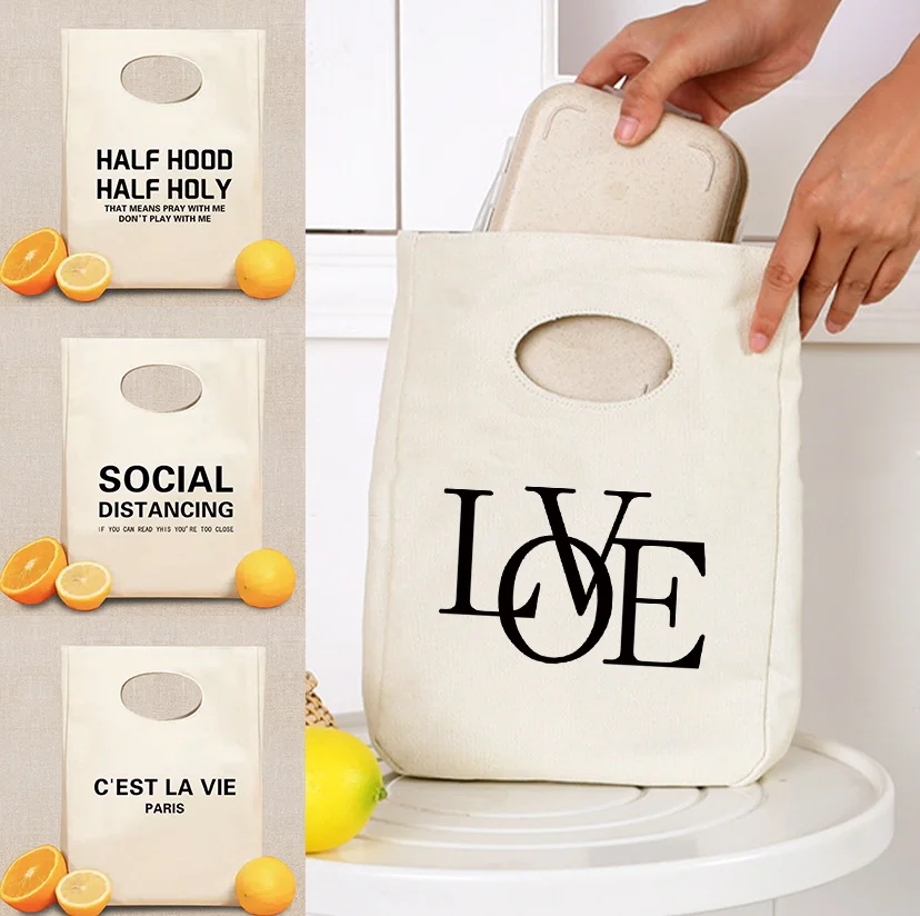 Insulated Lunch Bag Fashion Text Print Commute Student Workers Lunch Bag Large Capacity Hiking Camping Picnic Pouch Women Men
