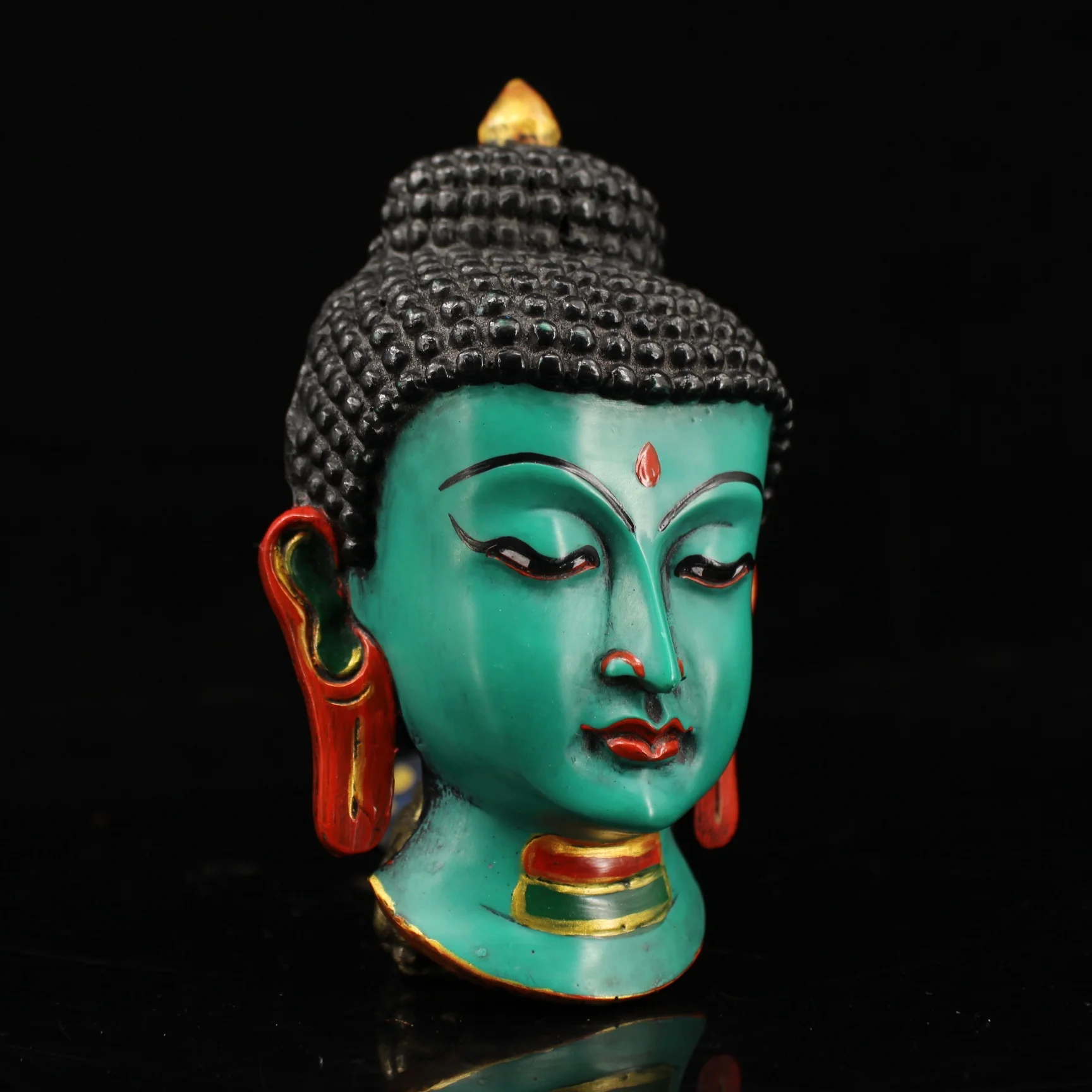 

Old Xizang Folk Collection Old Lacquerware Painted Outline in gold Mosaic Gem Shakyamuni Buddha Head Mask hanging panel Amulet