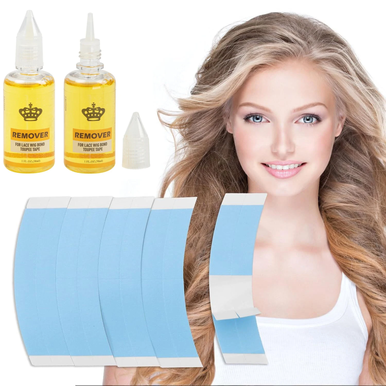 

Double-Sided Wig Adhesive Tape Strips with Lace Wig Bond Remover – Easy Apply & Remove Tape for Lace Front Wigs, Hair Extensions