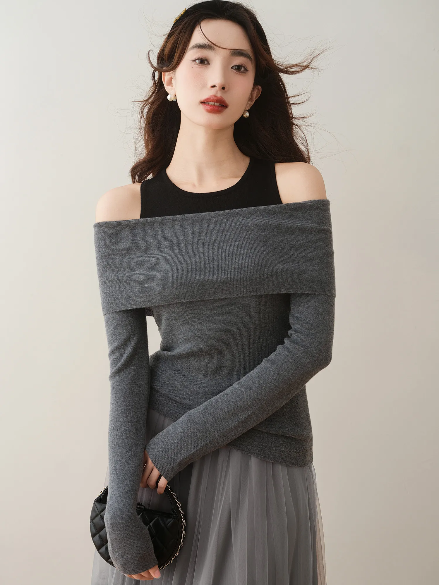 

Ronron Ne Hanging One-oulder Knitted Sweater Slimming Design Korean Sle Commute Faion Long Sve Regular Length
