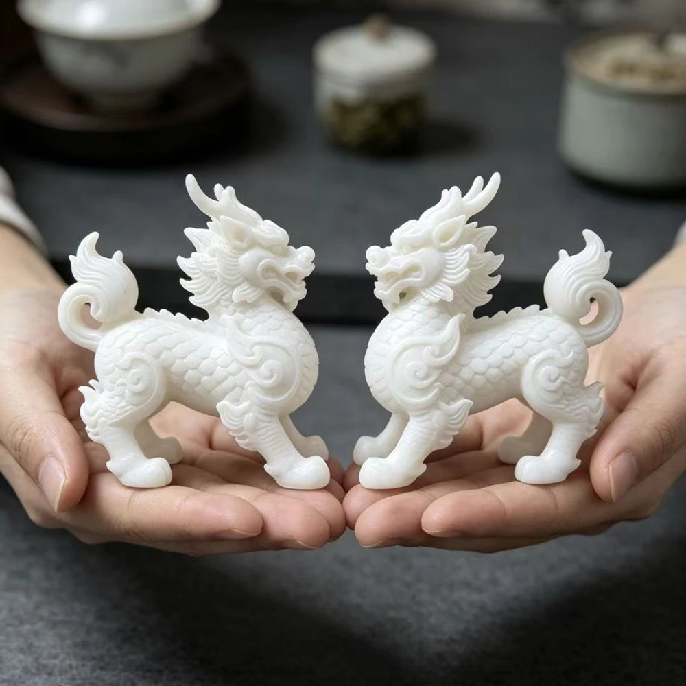 Feng Shui White Marble Kirin Kylin Statue Lucky Chinese Mythical Beast Sculpture Wealth Home Office Desk Decor Tea Pet Gift