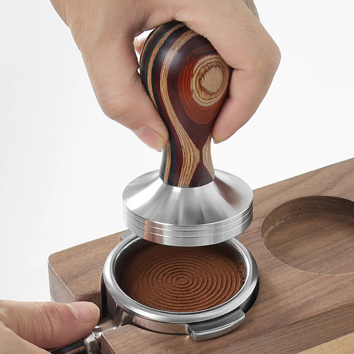 D5 51/53/58mm Espresso Tamper, Ripple Base with Color Wood Handle for Coffee Machines, Fast and Uniform Filling and Flattening