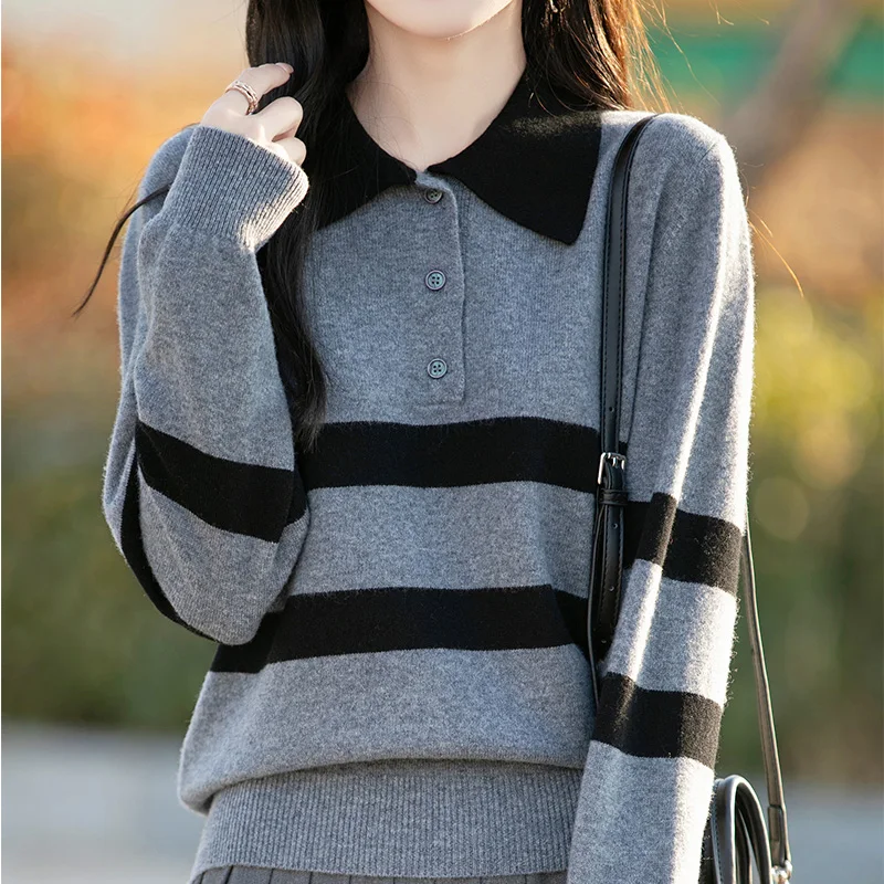 

Весна/осень, новый свитер из 100% чистой шерсти, женский свободный пуловер с воротником поло, корейский модный кашемировый вязаный топ с цветными блоками, женские топы