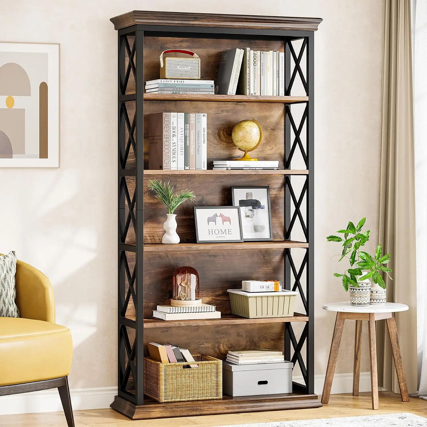 Tall Industrial Bookcase, Freestanding Open Storage Shelf, Home Office Living Room Display Rack, Heavy Duty Metal Frame Wooden Shelving Unit, Modern Brown And Black, One Piece Set