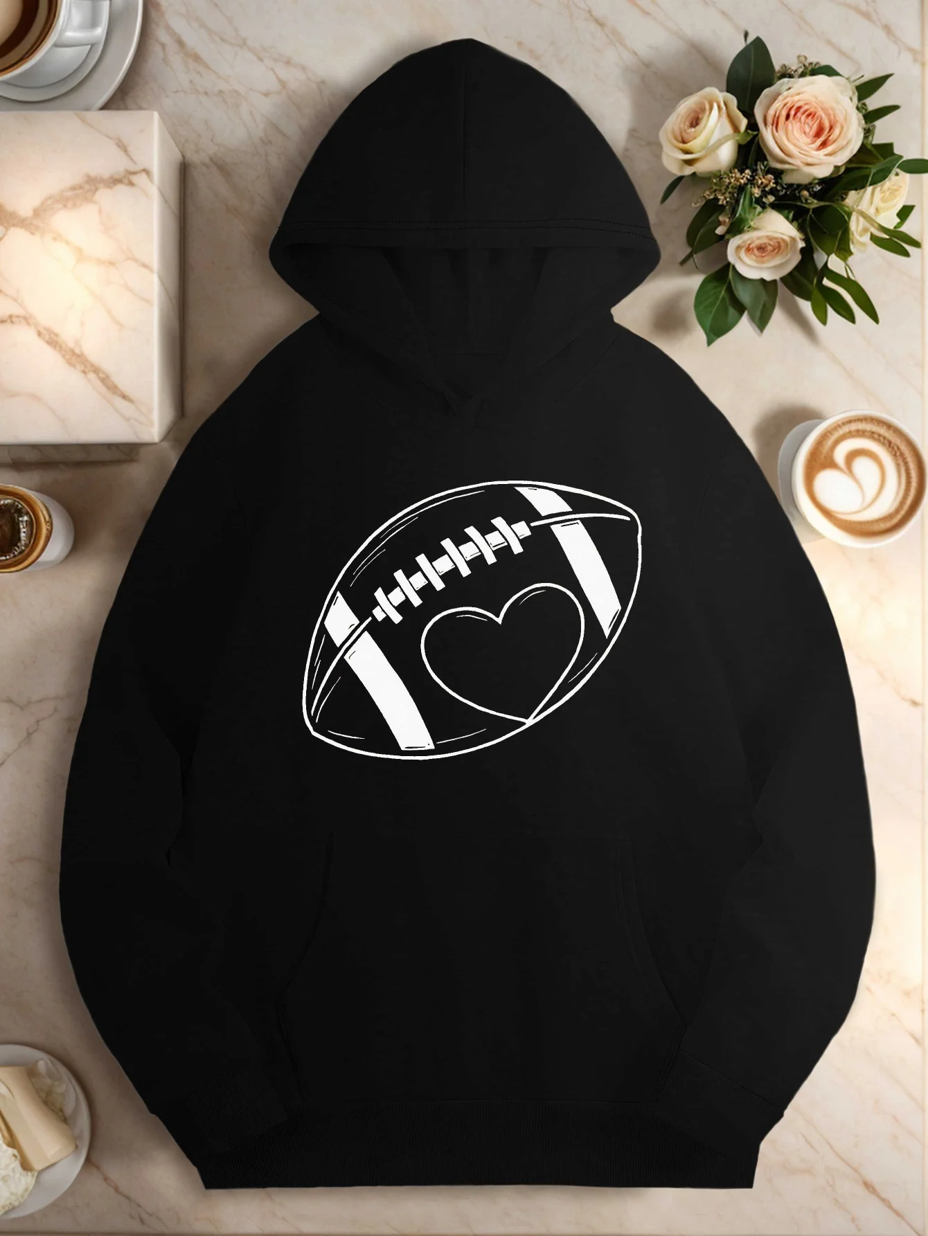 

Women's casual hooded sweater with football and heart patterns，black geometric pattern pullover, front pocket, fashionable style