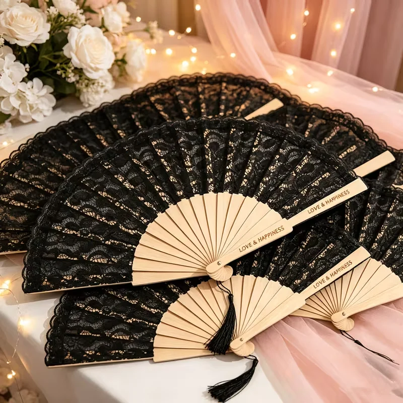 5Pcs/10Pcs/15Pcs/20Pcs Customizable Black Lace Folding Fans with Personalized Wooden Handles and Black Tassel Decorations, Are an Excellent Choice as Wedding Favors and Souvenirs for Guests and Friends Perfect for Brid