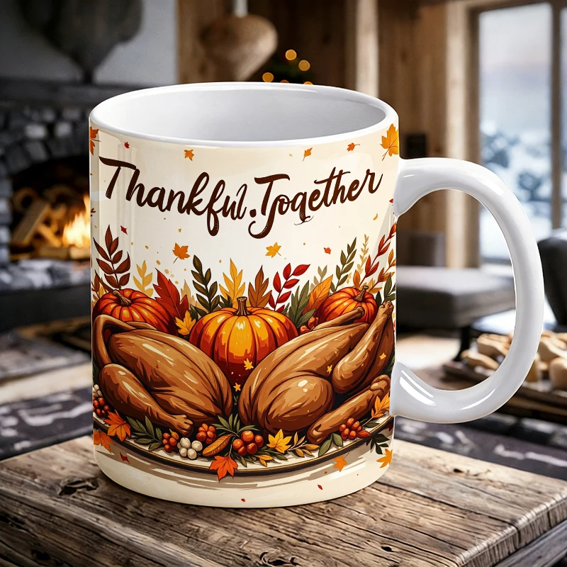 

11 oz"Thankful Together" ceramic mug with handle, fully printed coffee mug, insulated milk cup, office water cup, fade-resistant