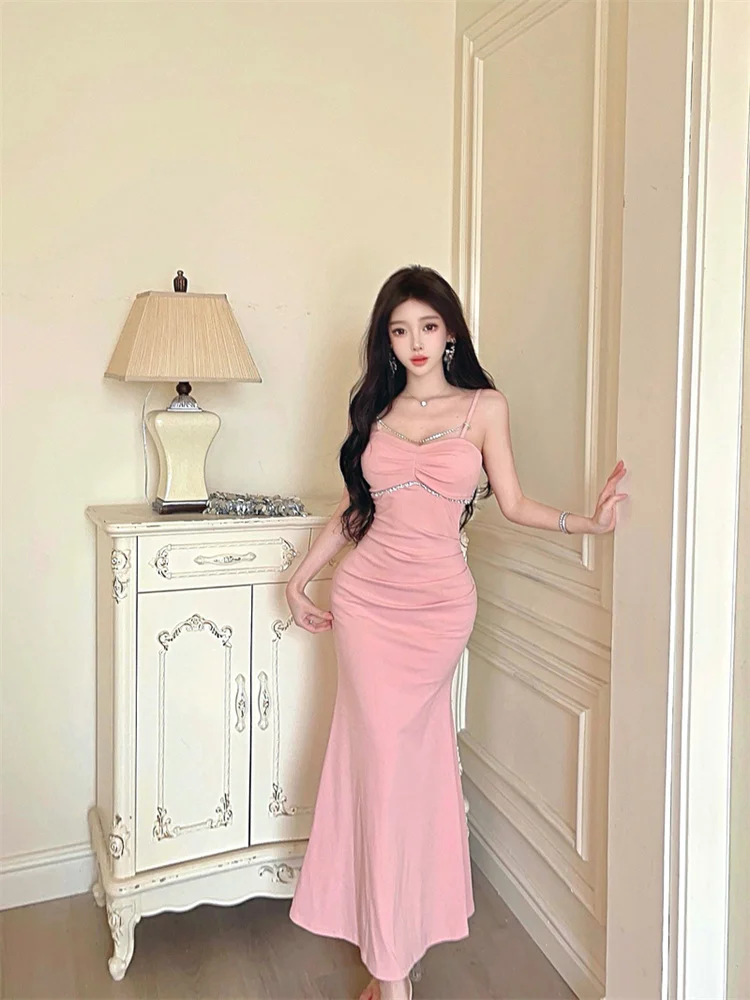 النمط الفرنسي الماس ديكور غمد اللباس للسيدات مثير أكمام ذيل السمكة الحمالة منتصف طول اللباس المألوف حزب اللباس #1