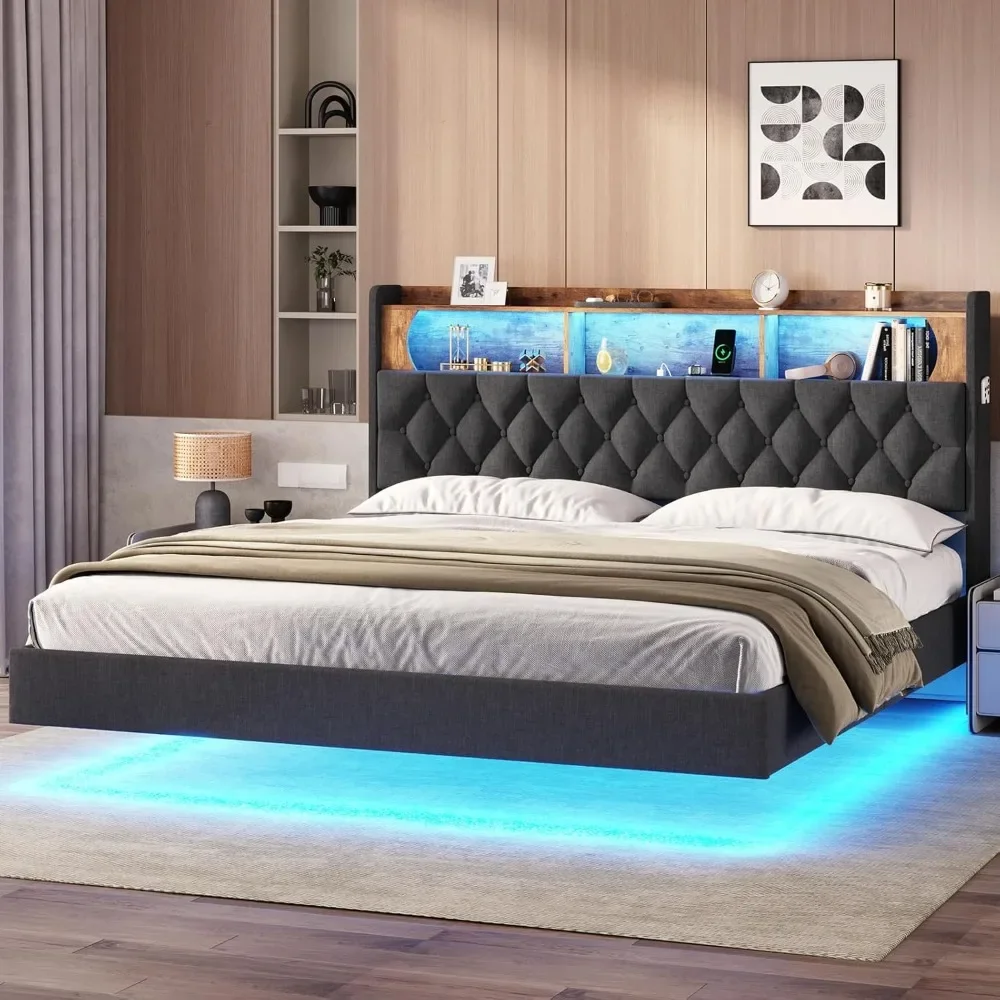 King Floating Bed Frame with LED Light, Upholstered Headboard with Storage Headboard & Charging Station, King Platform Bed Frame