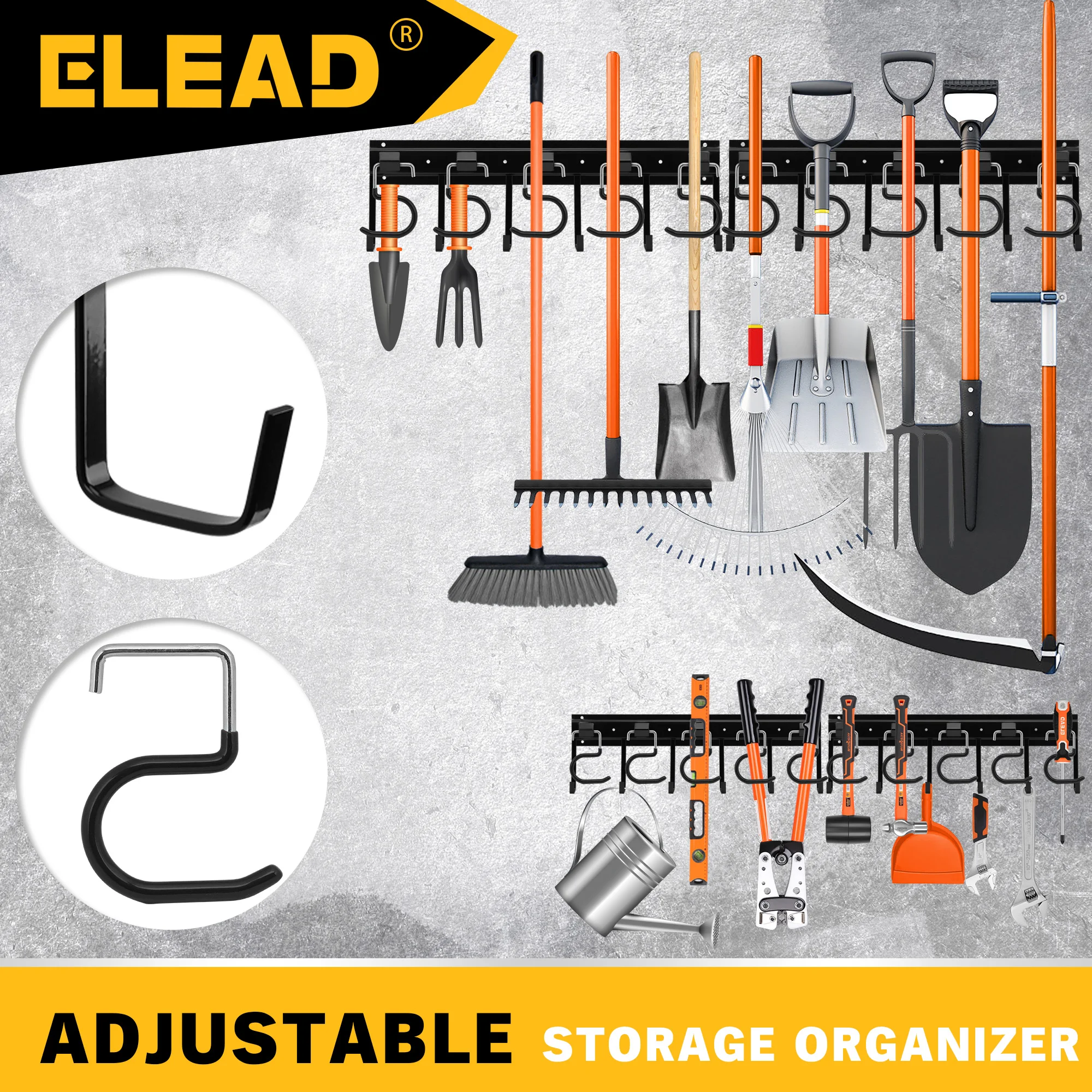 

ELEAD 68'' All Metal Adjustable Garden Tool Organizer, Wall Mount Garage Storage Rack with Black Hooks, Tool Hangers for Shed