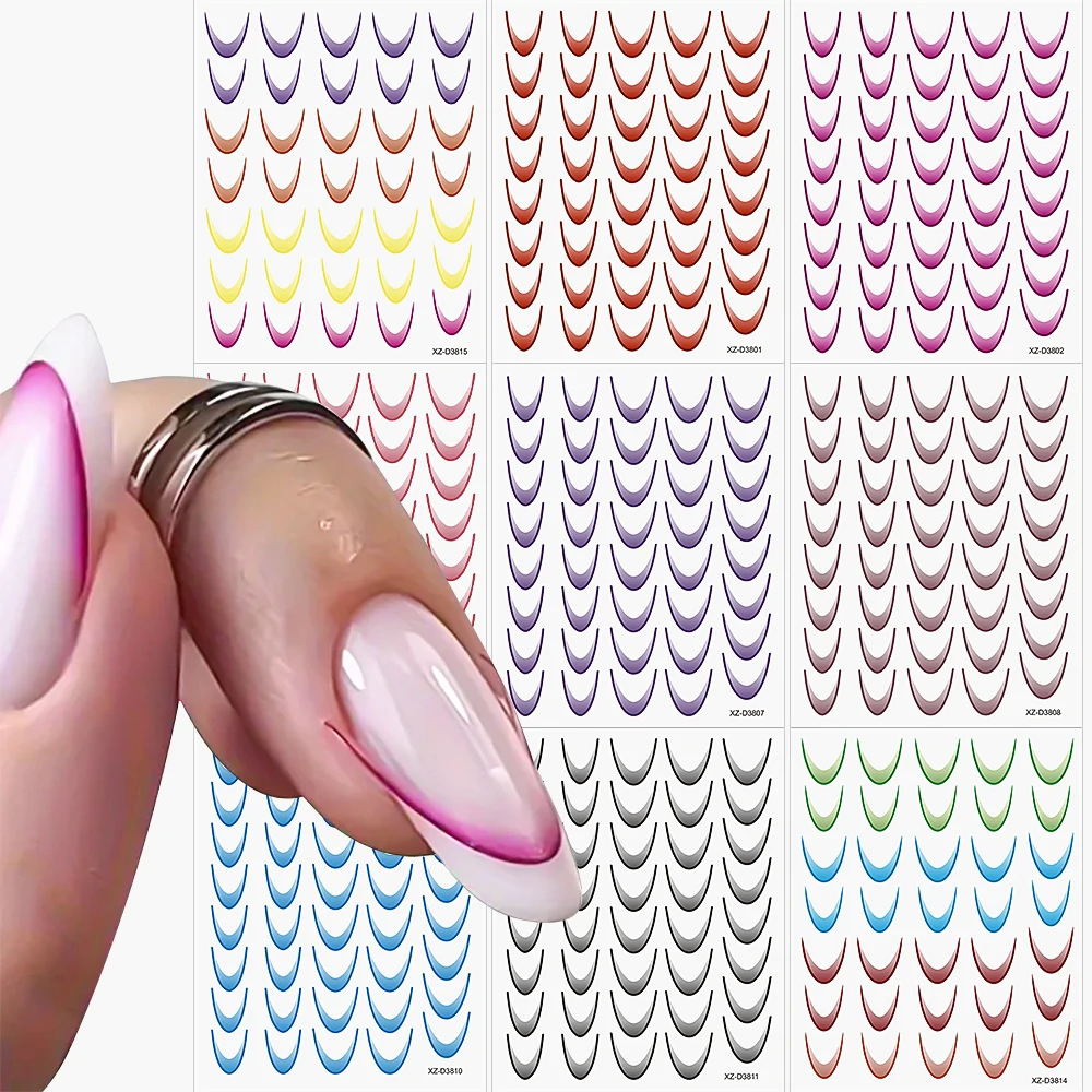 8/14/18Pcs 3D 3D French Gradient Line Nail Stickers Set Bend Neon Stripe Self-Adhesive Nail Art Decals Lines Manicure DIY Decor