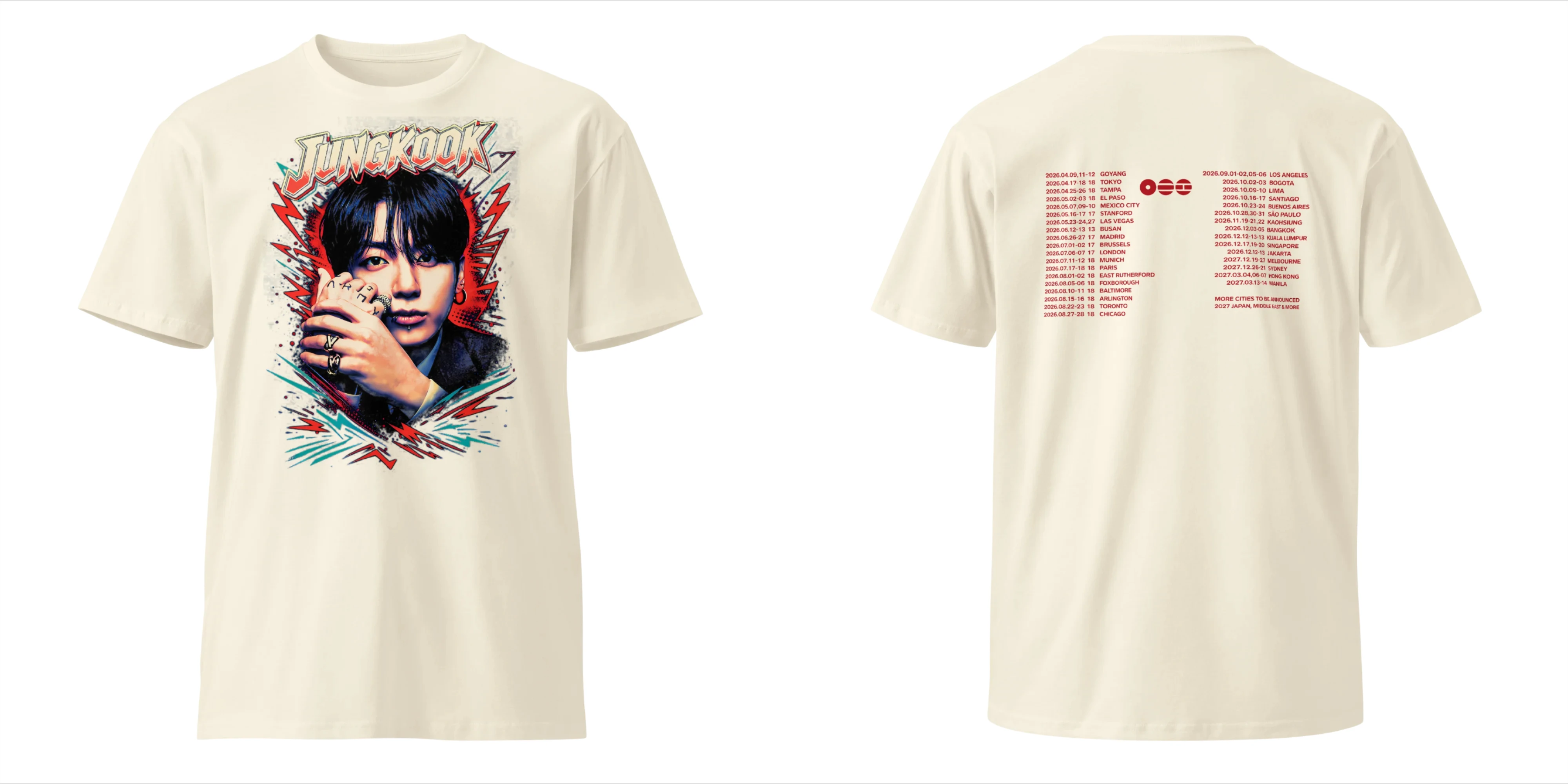 BTS Jungkook Taehyung 2026 World Tour, beidseitig bedrucktes T-Shirt mit Porträt und einer Liste der Tour-Städte, für Kpop-Fans, Herren, Damen und Kinder. – Detail 11