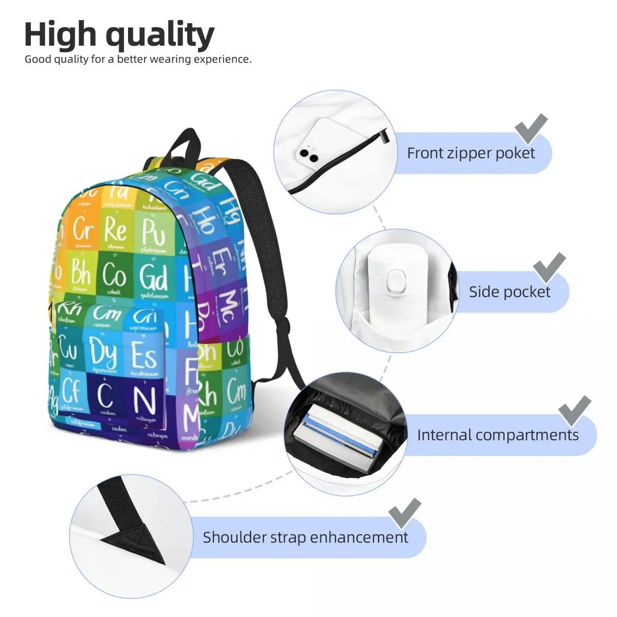 Rainbow Gradient Periodic Table Of Elements Chemistry Backpack for Preschool Primary School Student Bookbag Boy Girl Daypack