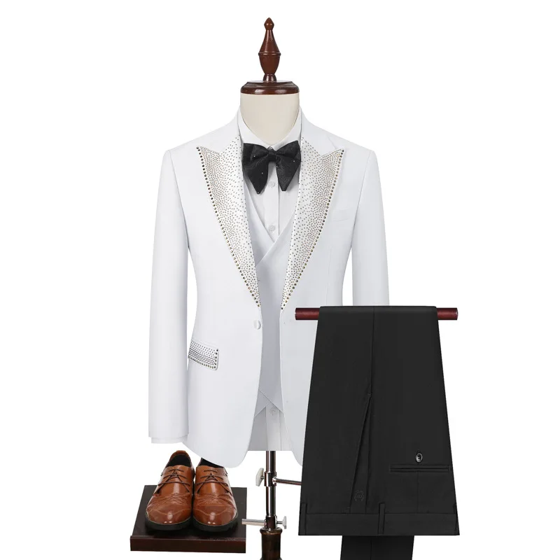 حجر الراين التلبيب 3 قطعة دعوى مجموعة (سترة + سترة + بنطلون) الأعمال الرسمية بدل غير رسمية الزفاف العريس حفلة المرحلة الرجال البدلة M-5XL #2