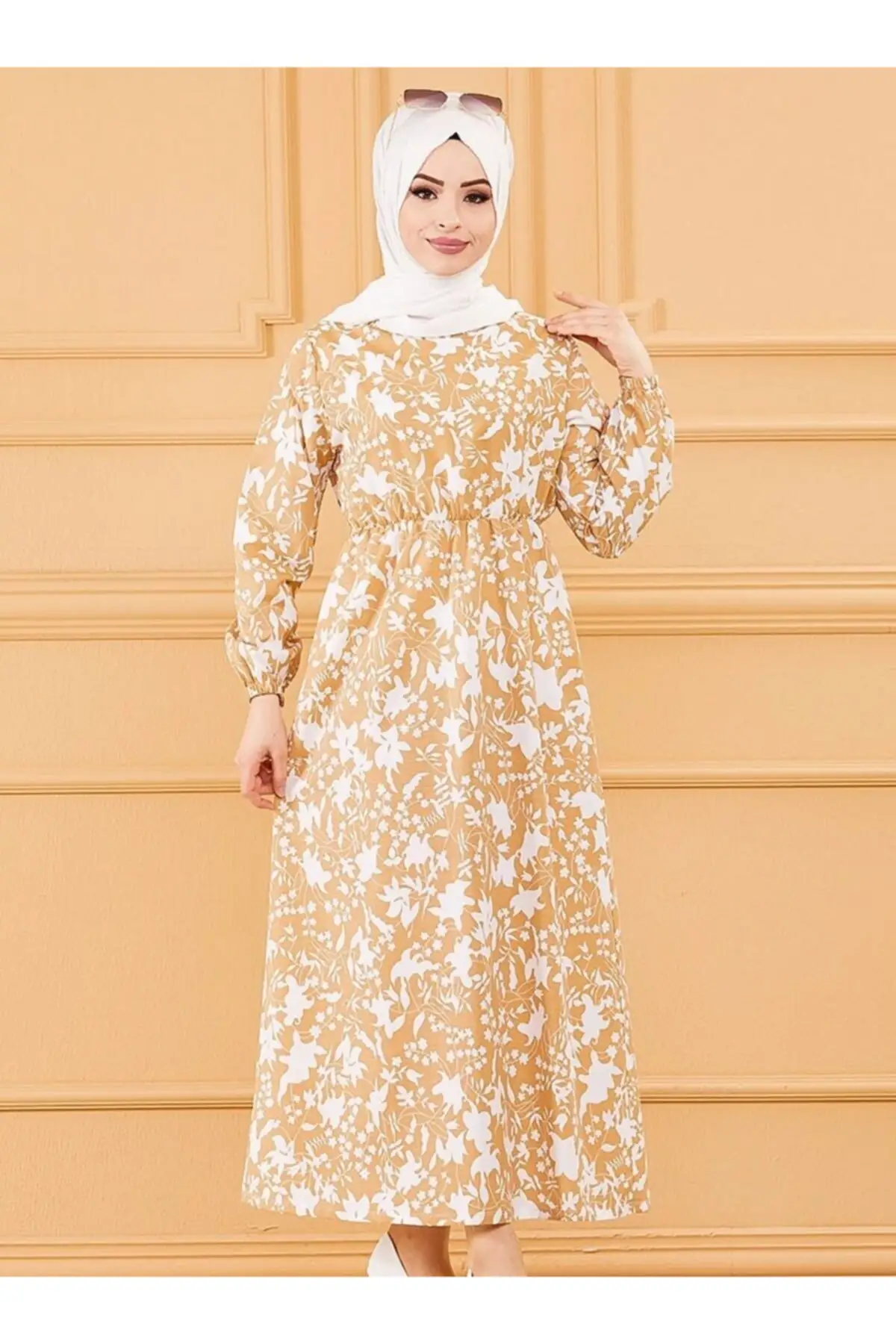 

Pleated Waist Patterned Women's Hijab Muslim Clothing Dress - Beige - Slim-Summer-New Model Stylish Design-2022