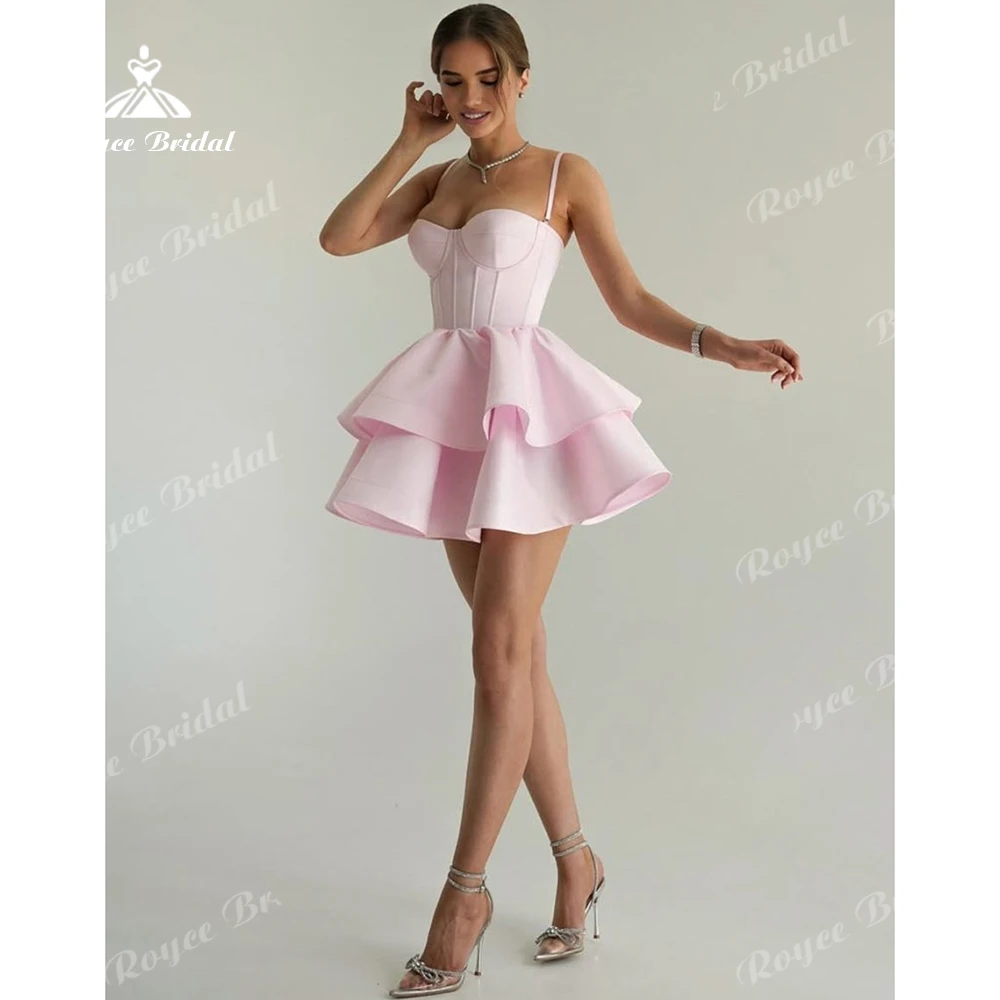 

Tiered Ruffle Satin Short Prom Dress Cute Color Homecoming Dress Spaghetti Strap Mini Evening Dress Cocktail Dress Customized