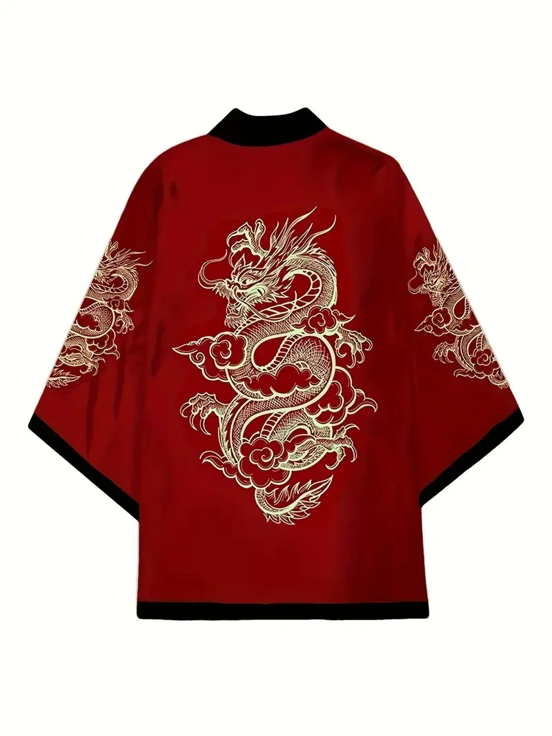Japanese Kimono Dragon Graphic Print Cosplay Haori Yukata Top Adult Traditional Samurai Loose Kimono Cardigan for Men Women