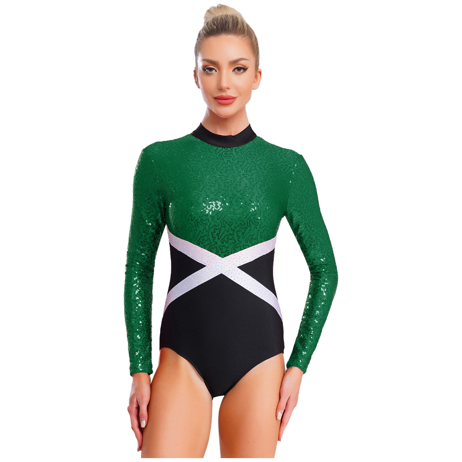 

Womens Gymnastic Leotard One-piece Bodysuit Contrast Color Long Sleeve Glittery Sequin Jumpsuit for Figure Skating Ballet Dance