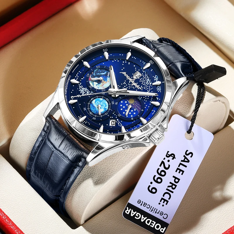 POEDAGAR Brand Fashion Starry Sky Chronograph Quartz Watch Men Leather Waterproof Luminous Date Men\'s Watches Relogio Masculino