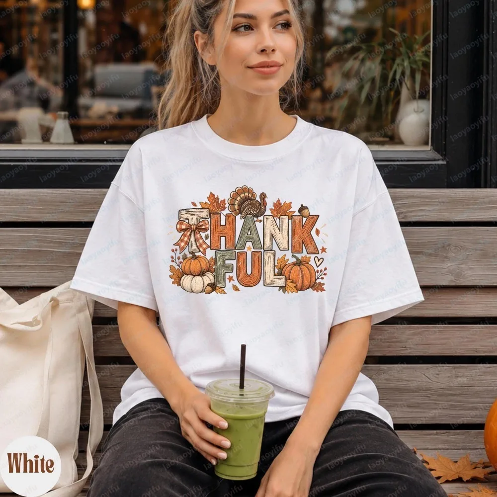 Thankful Thanksgiving T-Shirt Turkey and Pumpkin Tee Rustic Fall Holiday Shirt Retro Trend Cool Street Tshirt Cotton Unisex Tops