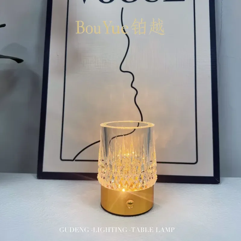 Crystal Vase Lamp USB Rechargeable Whiskey Shot Glass Light Dimmable Creative Desk Night Light Decorative Luminous Cup