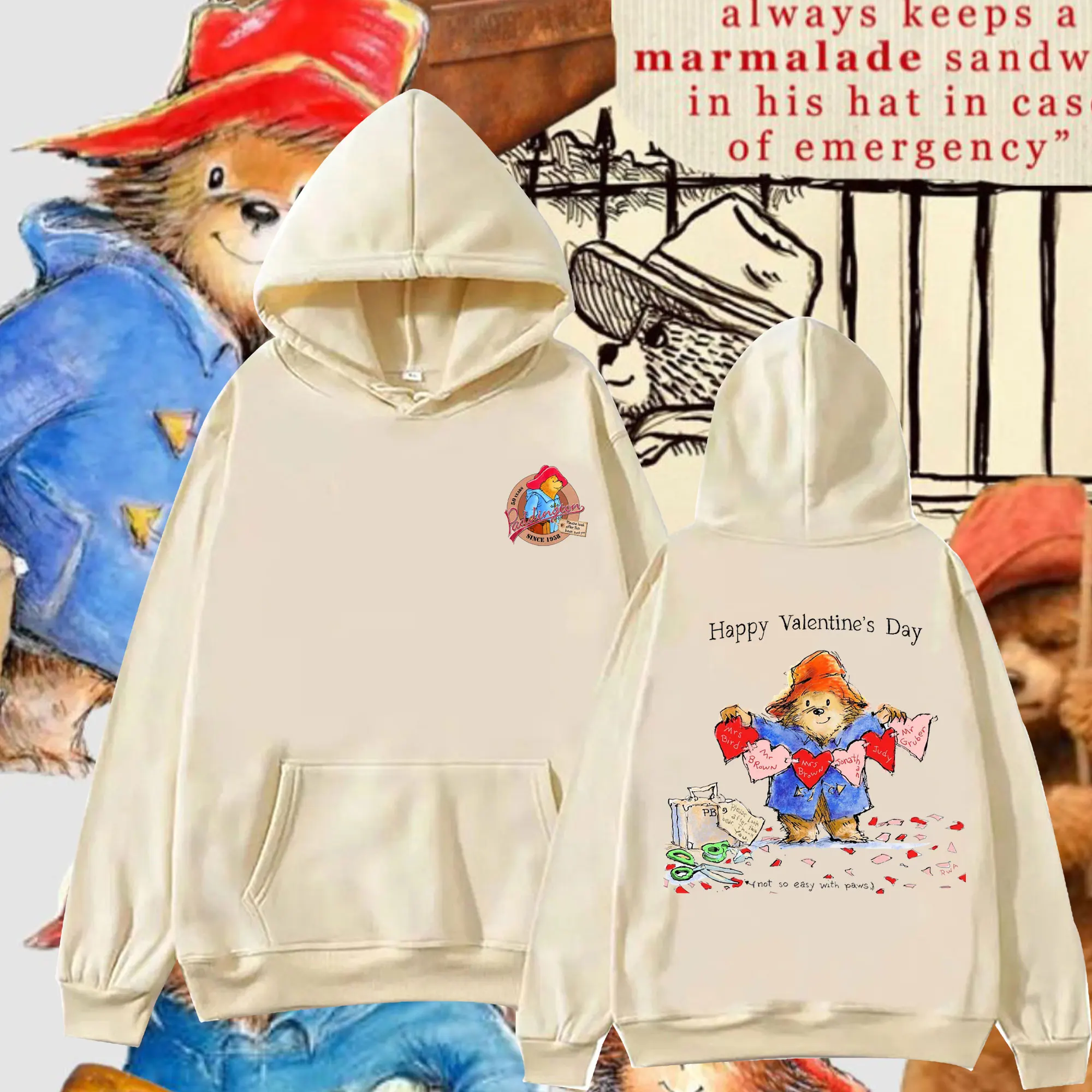 Funny Unisex Hoodie: Paddington Bear in London Cartoon Double-sided Printing 2025 Drop Shoulder Sweatshirt for Men Women Hoodies
