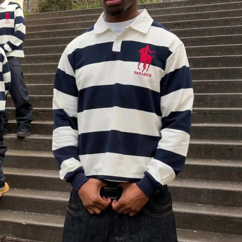 American Street Style Long-Sleeved POLO Shirt, Striped Color Matching Retro, Embroidered Pattern Design, Autumn Fashion T-Shirt.