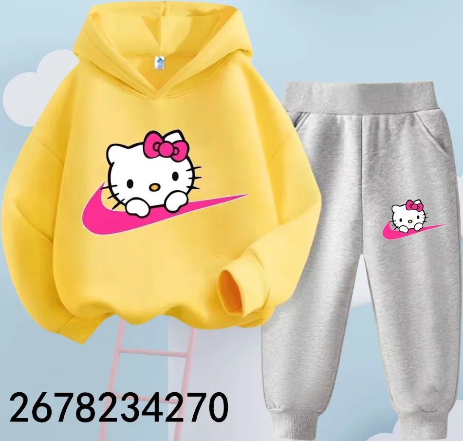 2024 New Hello Kitty Hoodie Set Kids Sweatshirts+long Trousers Clothes Outfits 4-14 Year Children\'s Cartoon Casual Spring Autumn