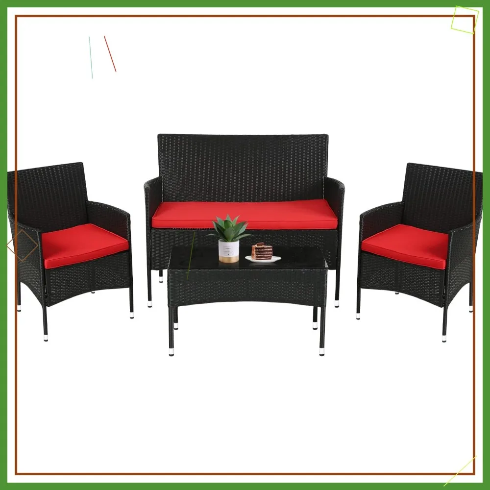 

4-Piece Rattan Wicker Patio Set with Loveseats, Coffee Table & Red Cushions for Outdoor Indoor Use