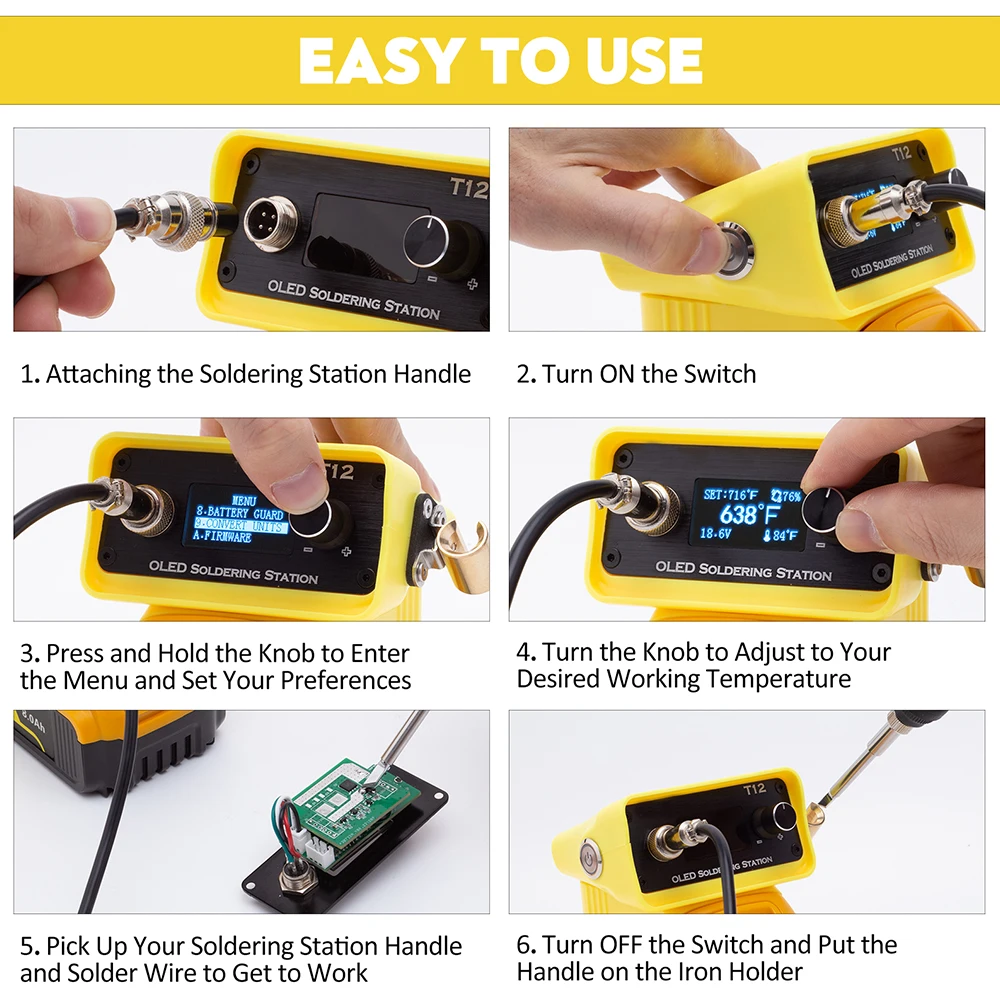 Stazione di saldatura regolabile OLED Quick Heating T12 stazione di saldatura per batteria agli ioni di litio DeWalt 18V per riparazione fai da te