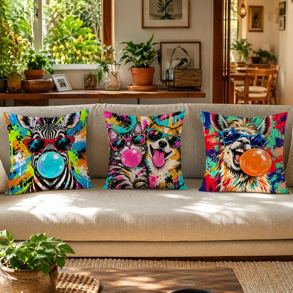 Pop Art Funky Wildlife Zebra Animals Cushion Cover Skin-Friendly Organic Linen Pillow Cover Durable Hypoallergenic Washable Soft