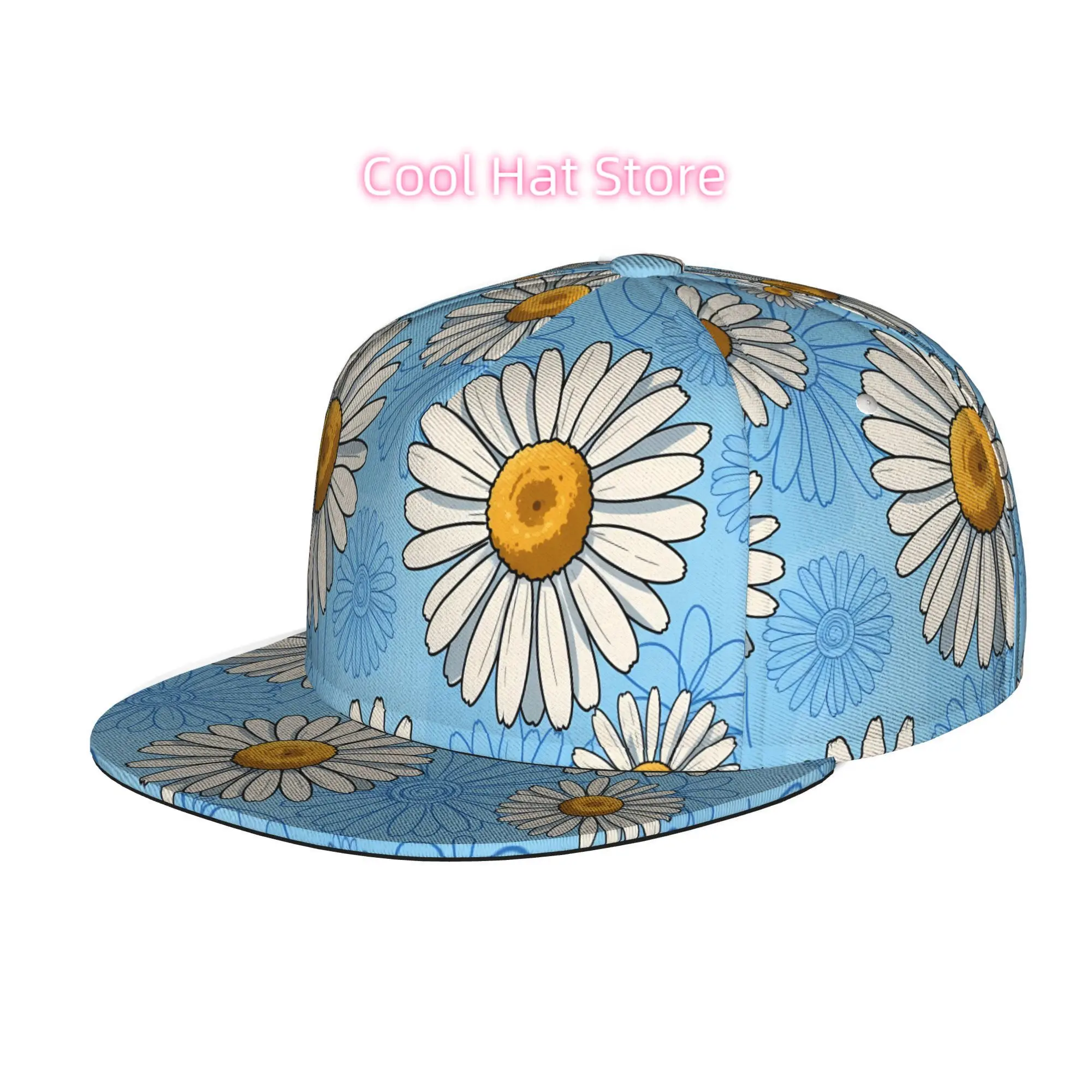 Men'S, Women'S, And Unisex Flat Brim Baseball Cap, Hip Hop Streetwear Snapback Trucker Hat  Blue background daisy pattern