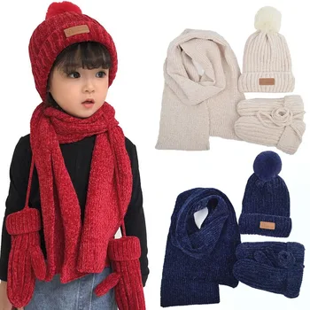 Chapéus de malha Lenço e luvas para crianças, Gorros Pompom, luvas quentes para menino, moda infantil, outono e inverno, 3 peças