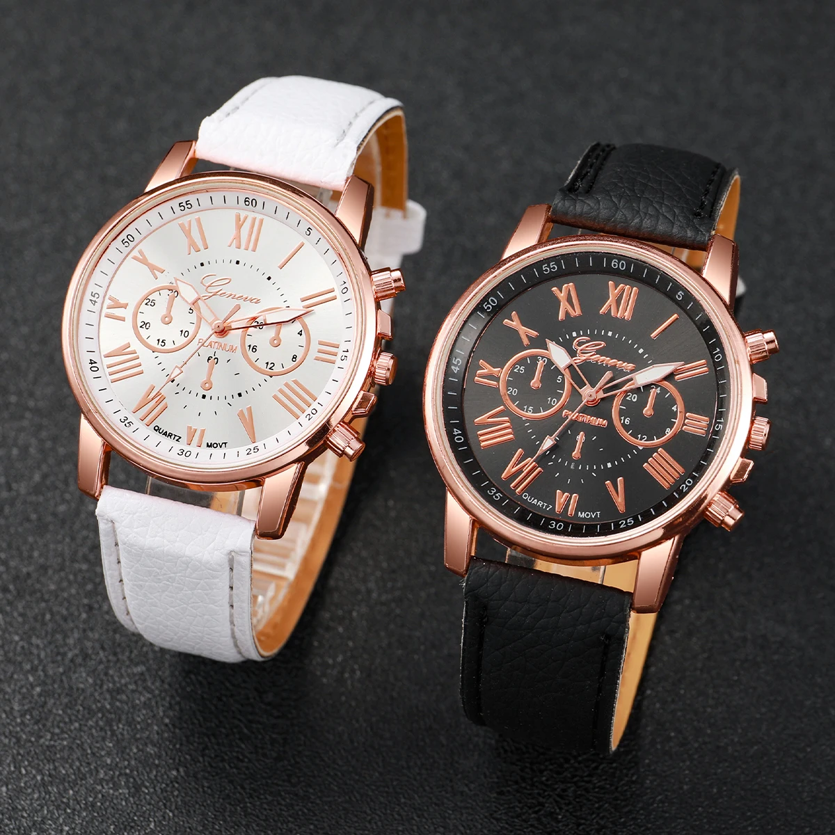 4 Stks/set Dameshorloge Romeinse Wijzerplaat Paar Eenvoudige Leren Band Quartz Horloge Met Kroon Armband Set