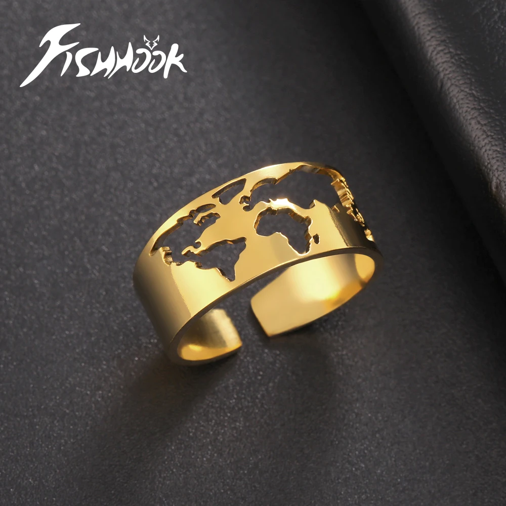 Fishhook World Map Finger Ring Universe Resized Hollow Gold Color Stainless Steel Jewelry Trend Fashion Gift for Man Woman