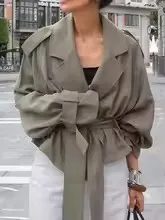 Cropped Lace-up Blue Casual Trench Coat Women Lapel Long Sleeve Wide Shoulder Windbreaker Jacket Fall Commute Daily Streetwear